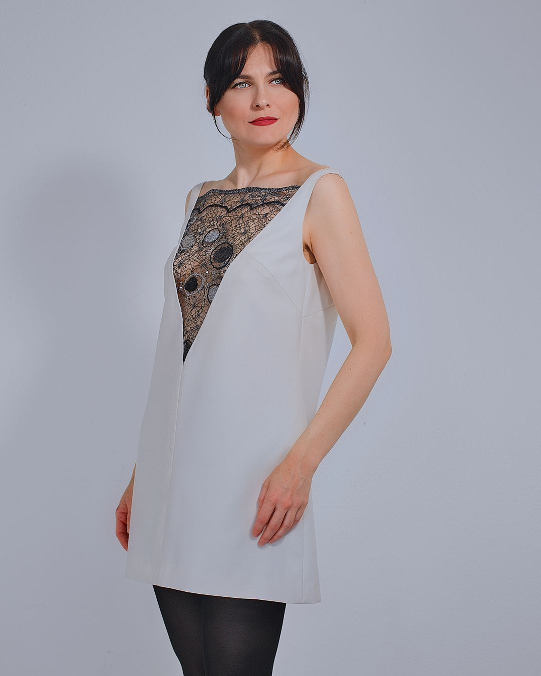 Short Wool Dress with Lace Detail