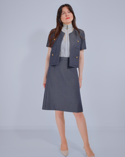 Virgin Wool Skirt Suit with Denim Effect