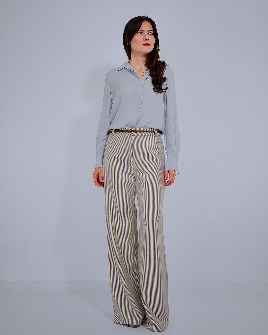 Wide-Leg Striped Wool Trousers