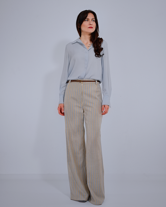 Wide-Leg Striped Wool Trousers