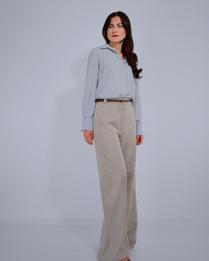 Wide-Leg Striped Wool Trousers