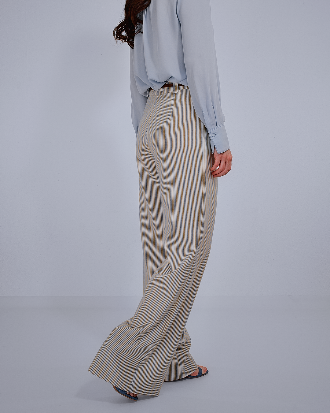 Wide-Leg Striped Wool Trousers
