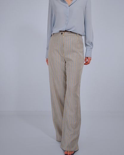 Wide-Leg Striped Wool Trousers