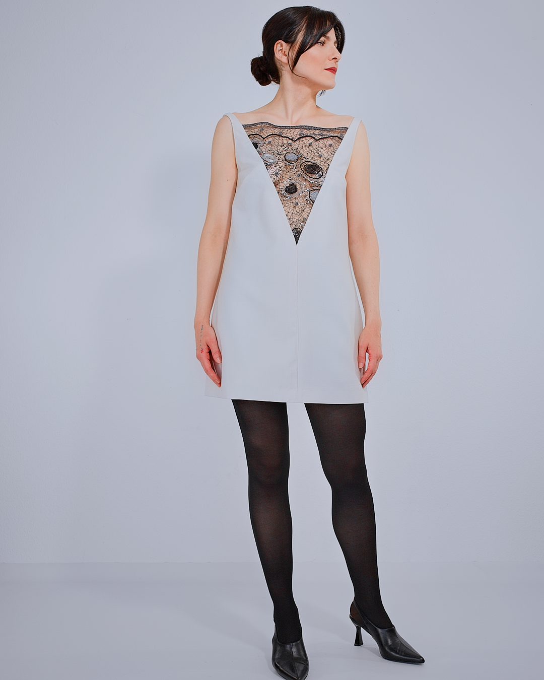 Short Wool Dress with Lace Detail