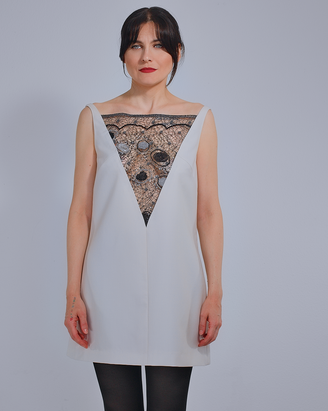 Short Wool Dress with Lace Detail