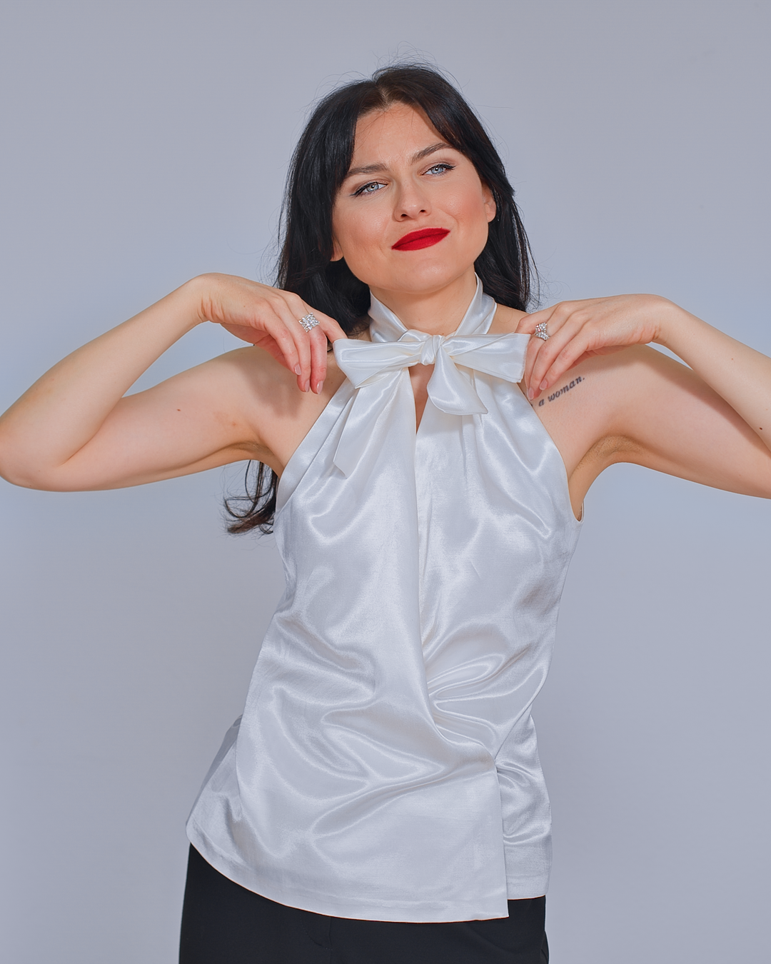 Elegant White Cotton Satin Top with Bow
